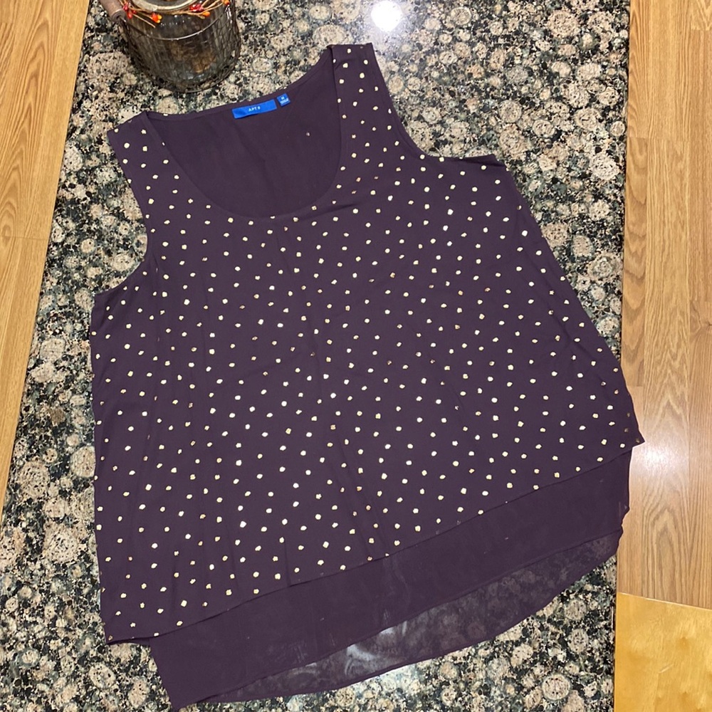 APT. 9 two-layer tank, dark purple with metallic gold dots. Size M.